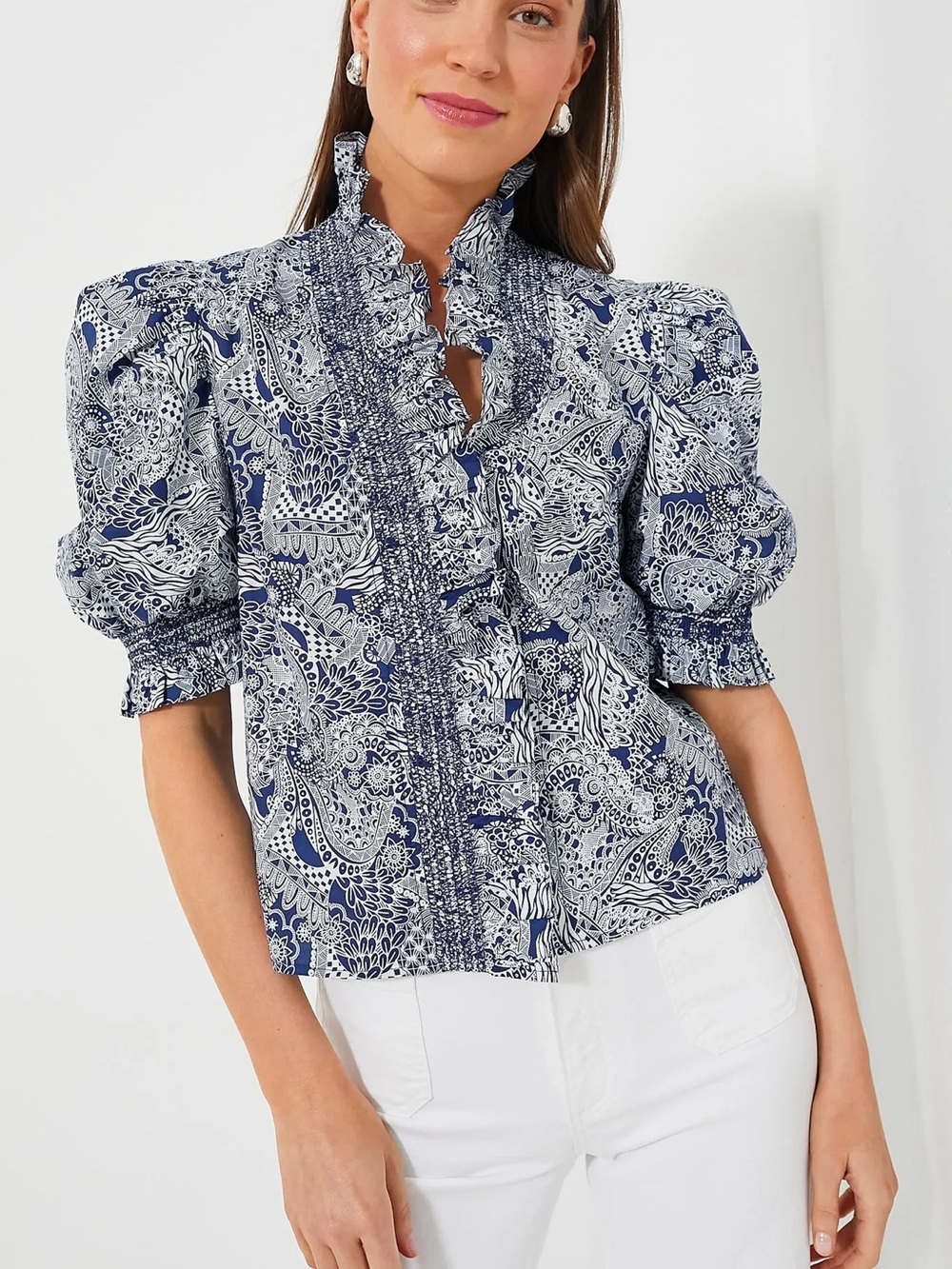 Navy Geo Floral Ruffle Neck Aria Blouse by English